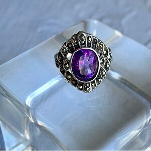Vintage Amethyst Marcasite Sterling Art Deco Ring